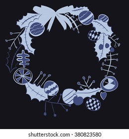 Wreath of balls, branches,leaves, doodles, spots, hole,  copy space. Hand drawn.