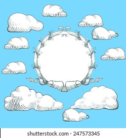 Wreath with banner and clouds in the sky, vector design