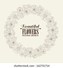 Wreath of beautiful chrystant flowers, isolated on biege. Vector illustration.