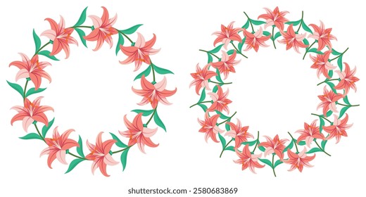 Wreath of Beautiful Pink Lily Flowers Isolated On White Background
