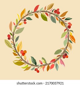 Wreath of berries and autumn mood of leaves, flat vector hand drawn image.