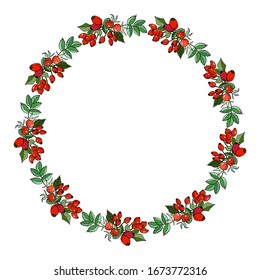 Wreath of berries and rosehip leaves. Cartoon style illustration. White background, isolate. For design announcements, greeting cards, posters, advertisement.