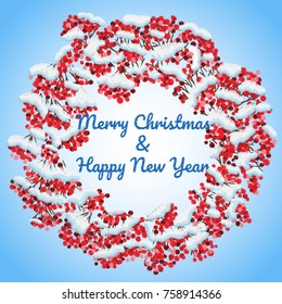 Wreath with berries and snow on a postcard. Stylization for embroidery.