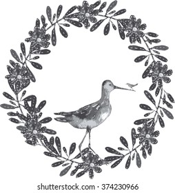 wreath with bird Watercolor painting. Can be used for postcards, prints and design.     vector image