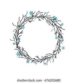 Wreath from black branches and twigs with blue snowflakes. Garland good for new year greeting cards. Vector Christmas clip art  illustration isolated on white
