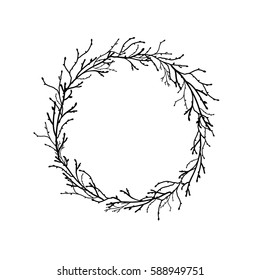 Wreath from black branches and twigs. Garland good for greeting cards. Vector illustration isolated on white