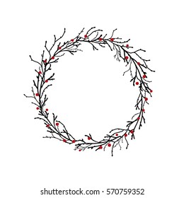 Wreath from black branches and twigs with red berries. Garland good for greeting cards. Vector illustration isolated on white