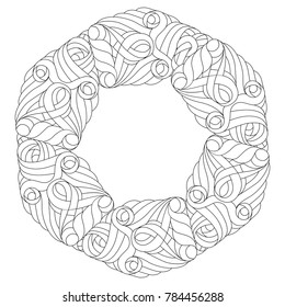 Wreath in black and white for adult coloring book. 