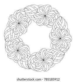 Wreath in black and white for adult coloring book.