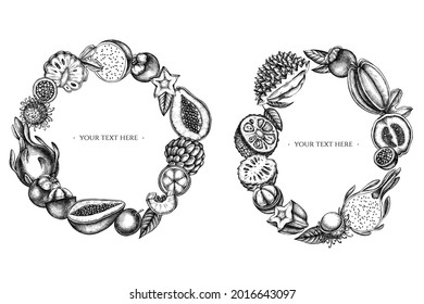 Wreath Of Black And White Papaya, Guava, Passion Fruit, Starfruit, Durian, Rambutan, Pitaya, Jackfruit, Sugar-apple, Soursop, Mangosteen