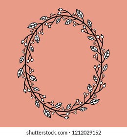 Wreath with black and white simple doodle leaves and berries.Decoration for greeting card,wedding invitation,save the date.Oval frame for your design with place for text