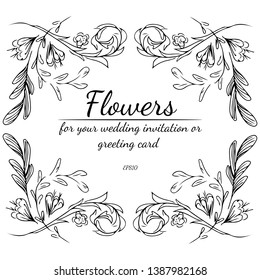 Wreath of black wildflowers branches on gray background. Foral frame design elements for invitations, greeting cards, posters, blogs. Hand drawn vector illustration. Line art. Sketch.