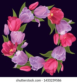Wreath of blooming beautiful pink tulip with purple flowers background template. Vector set of blooming floral for wedding invitations, greeting card, voucher, brochures and banners design.