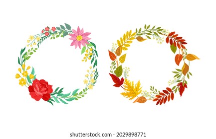 Wreath of Blooming Flower Branch and Foliage as Nature Vector Composition Set