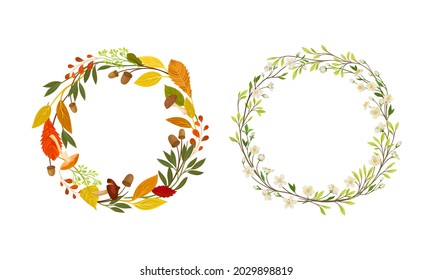Wreath of Blooming Flower Branch and Foliage as Nature Vector Composition Set