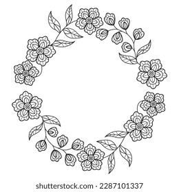 Wreath blooming flower hand drawn for adult coloring book