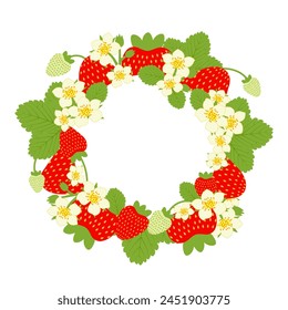 Wreath of blooming strawberries. Round floral frame with place for text. Vector illustration
