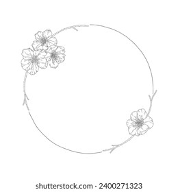 Wreath of blossom apricot flowers, buds and branches, vector illustration. Frame with spring flowers cherry or peach tree. Line art style