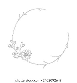 Wreath of blossom apricot flowers, buds and branches, vector illustration. Frame with spring flowers cherry or peach tree. Line art style