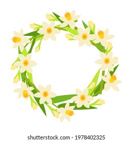 a wreath of blossoming fragrant daffodils and branches with buds. vector illustration.