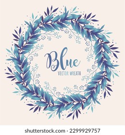 Wreath of blue leaves. Watercolor hand-painted with monochrome floral round frame isolated on white background. Suitable for wedding card design, invitations, Save the date.