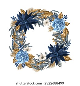 Wreath with blue poinsettia and gold elements. Vector.