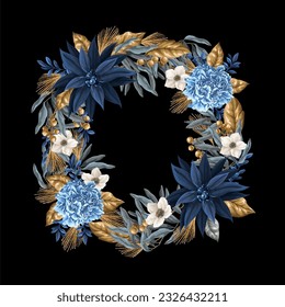 Wreath con elementos azules y dorados. Vector.