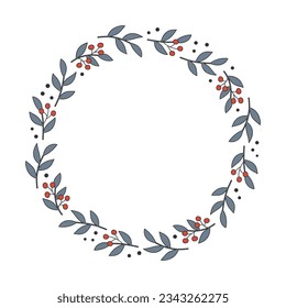 Wreath with blue twigs and red berries.. Template for Christmas greeting card, invitation, poster, banner, print. Isolated vector illustration