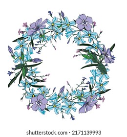 A wreath of blueberries, periwinkles, lobelia on a white background