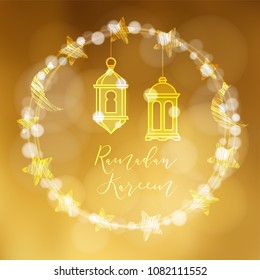 Wreath of bokeh lights decorated by moon, stars and hanging arab lanterns. Festive decoration, vector illustration background. Golden greeting card, invitation for muslim holy month Ramadan Kareem
