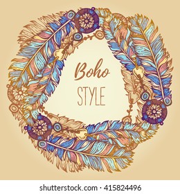 Wreath border. Ethnic frame made of feathers, threads and beads. Vintage Style. Boho Hand Drawn Color Illustration. Summer t-shirt design