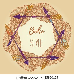 Wreath border. Ethnic frame made of feathers, arrows and beads. Vintage Style. Boho Hand Drawn Color Illustration. Summer t-shirt design