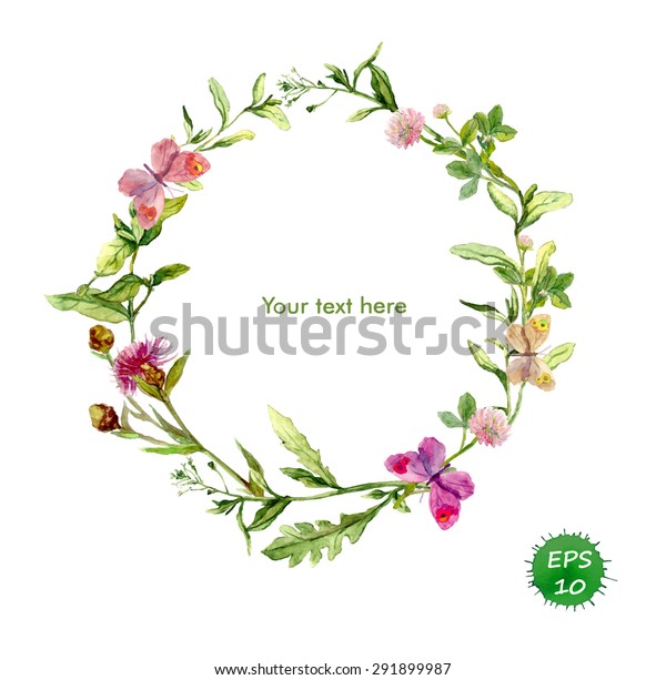 Wreath border frame with summer herbs,\
meadow flowers and butterflies. Watercolor\
vector