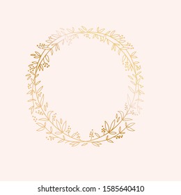Wreath border frame. Wedding marriage event invitation card template. Luxury bright shiny gold gradient. Text placeholder. Gold floral round frame