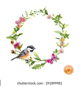 Wreath Border Frame With Wild Herbs, Meadow Flowers, Butterflies And Bird. Watercolor Vector