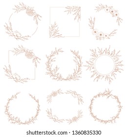 Wreath border round and square decorative botanical frames of branches and flowers in vector