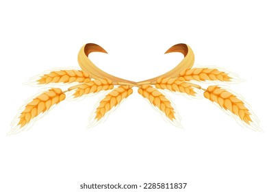 Wreath border from spikelets, golden color wheat horizontal frame in cartoon style isolated on white background. For bakery, tags or labels