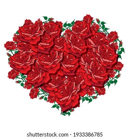 Wreath bouquet flowers with red roses and leaves, isolated on white backgrouind Floral greeting card and invitation of the wedding, birthday, Valentine's Day, other holidays vector