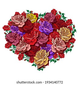Wreath bouquet flowers with red, yellow, violet roses and leaves, isolated on white backgrouind Floral greeting card and invitation of the wedding, birthday, Valentine's Day, other holidays vector
