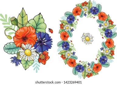 
wreath and bouquet of poppy, chamomile and cornflower, wild flowers