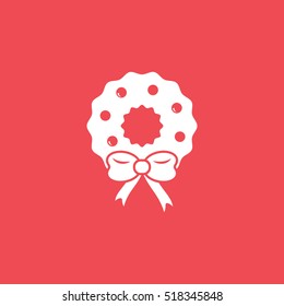 Wreath And Bow Christmas New Year Flat Icon On Red Background
