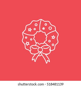 Wreath And Bow Christmas New Year Line Icon On Red Background