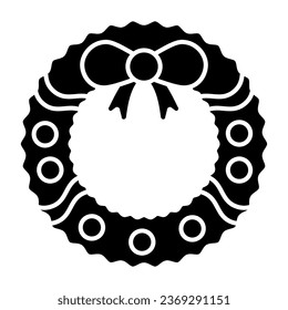 Wreath with bow solid icon. Round Xmas pine garland glyph style pictogram on white background. Christmas decoration signs for mobile concept and web design. Vector graphics