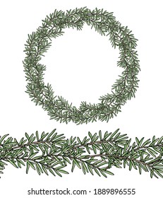 Wreath of branch rosemary and seamless brush or pattern for creating wreaths, patterns, etc. Beautiful circle frame, template. Vector illustration.