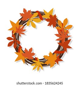 Wreath of branches and autumn leaves. Thanksgiving, Halloween decor. Isolated object on a white background. Vector illustration.