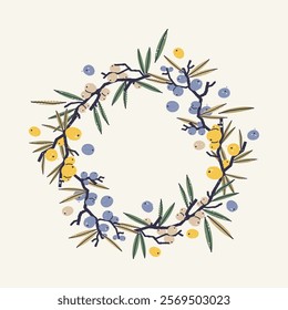 Wreath of branches with berries and leaves. Botanical illustration. Vector print, postcard, design element