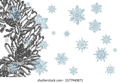 The wreath of branches of Christmas trees and snowflakes on white background. New year and Christmas design elements. Greeting card invitation with xmas graphic. Vintage illustration.
