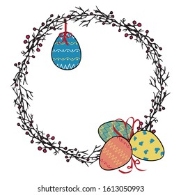 A wreath of branches with Easter eggs and bows. Vector Easter decoration on a white background. Wreath decorated with colored eggs