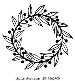 Wreath of branches, foliage and berries vector icon. Hand-drawn doodle. Holly twigs, veined leaves and round fruits.Festive concept for decoration and design of cards, invitations, textiles, stationer