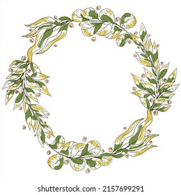 Wreath with branches of green plants and dew drops. Wreath in a watercolor style on a white background. Round invitation frame.